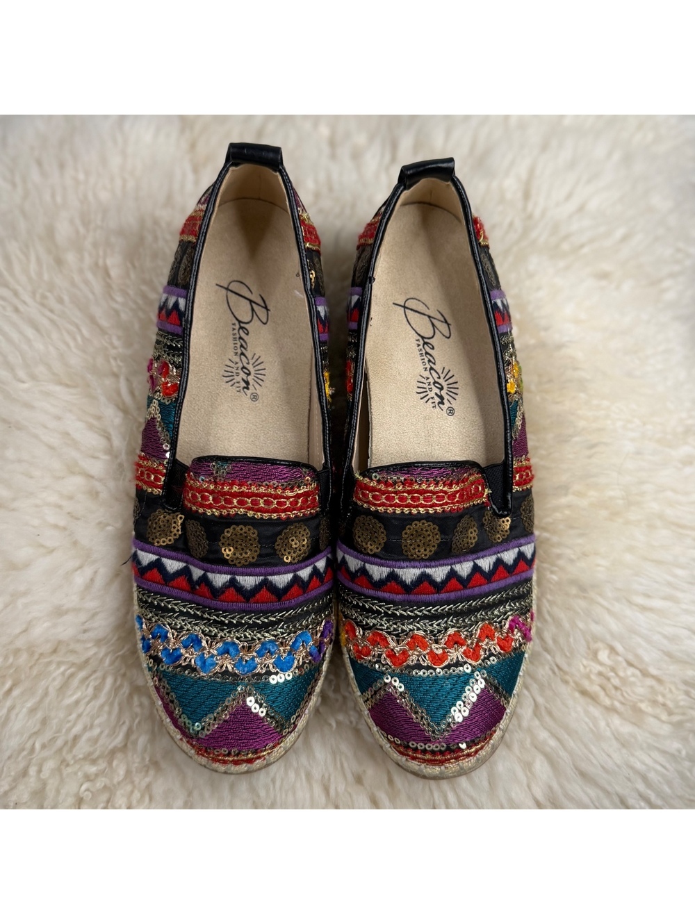 Beacon Womens 6.5 M Embroidered Sequin Espadrille Loafers Boho Multicolor Flats